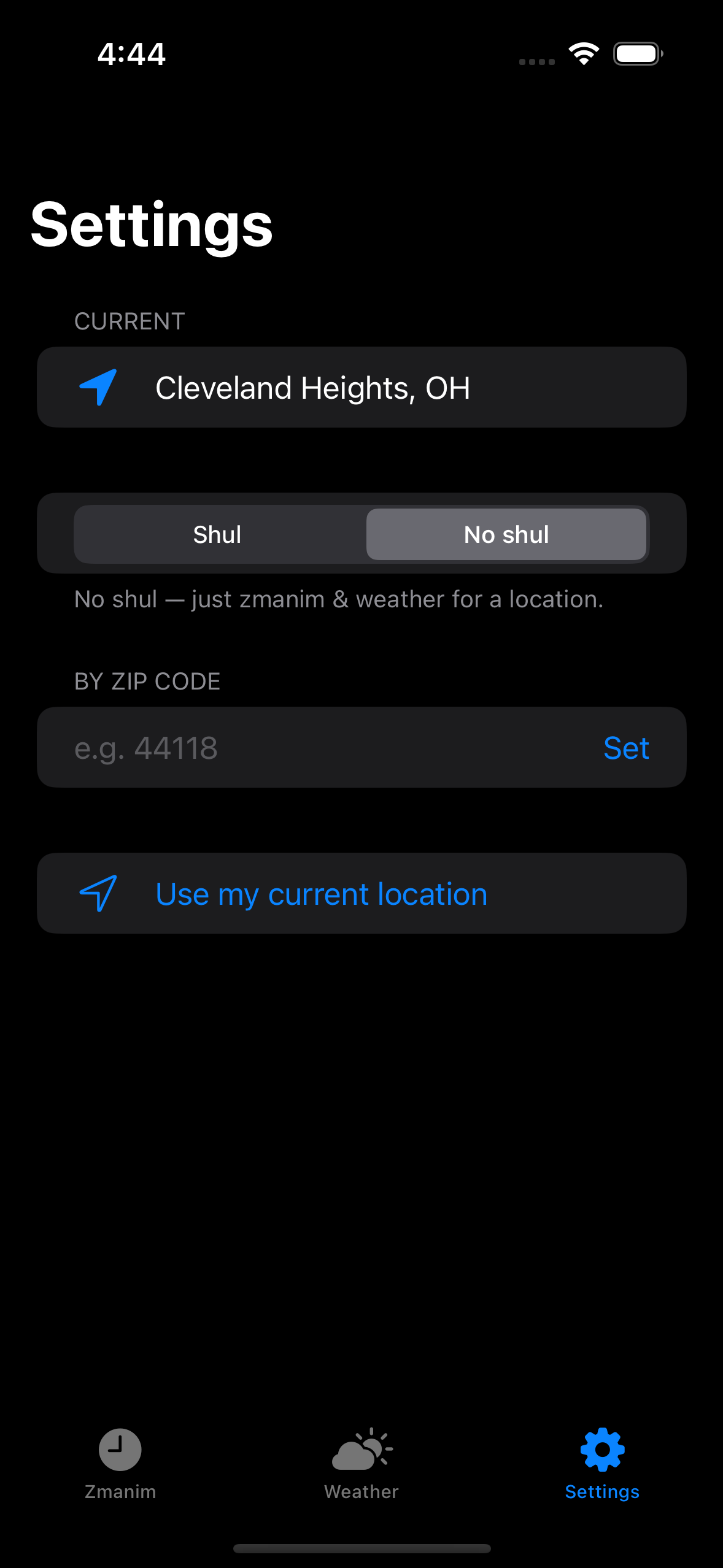 Settings · No-Shul location · dark