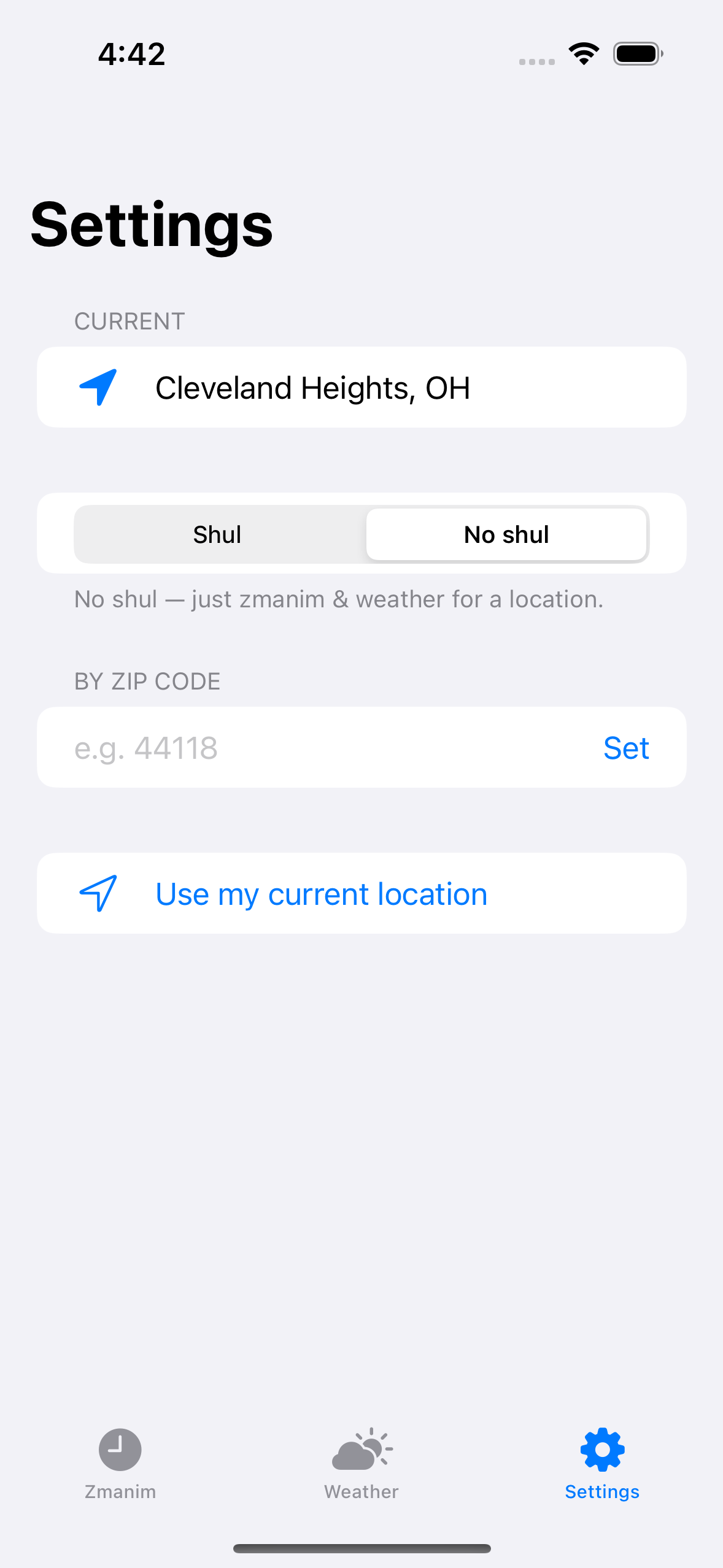 Settings · No-Shul location · light
