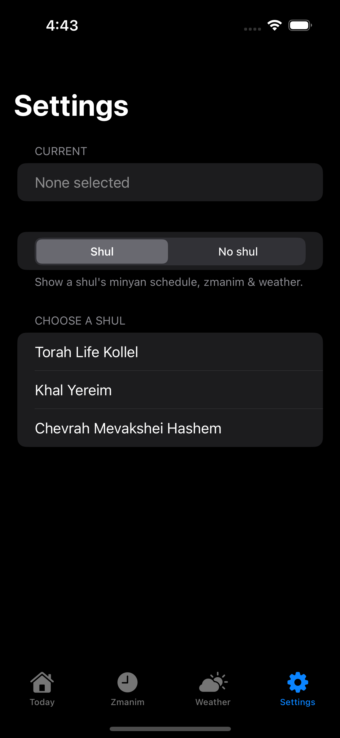 Settings · No shul · dark