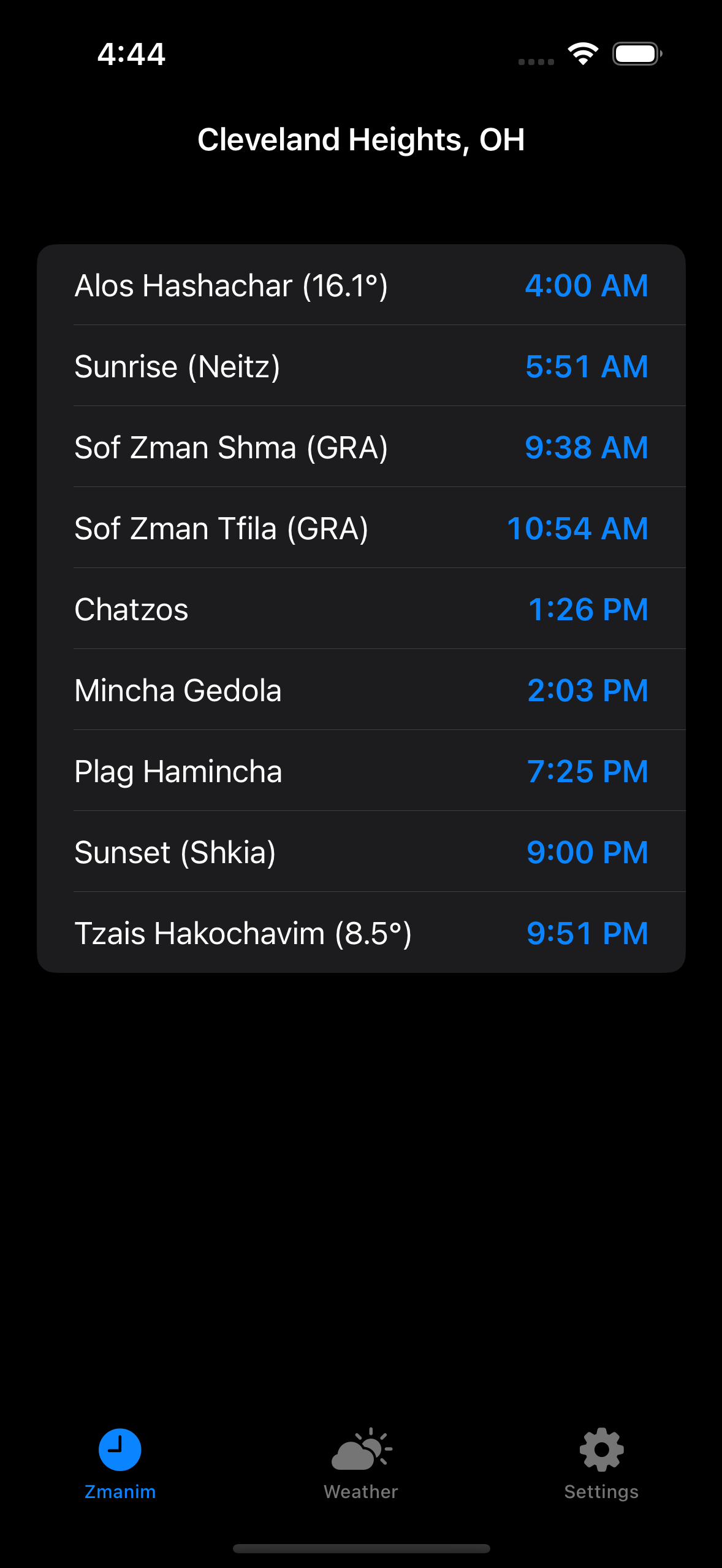 Zmanim · No-Shul location · dark