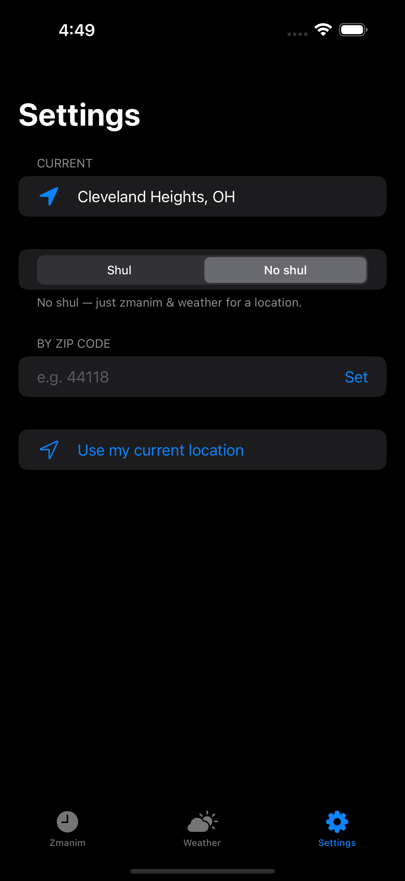 Settings · No-Shul location · dark