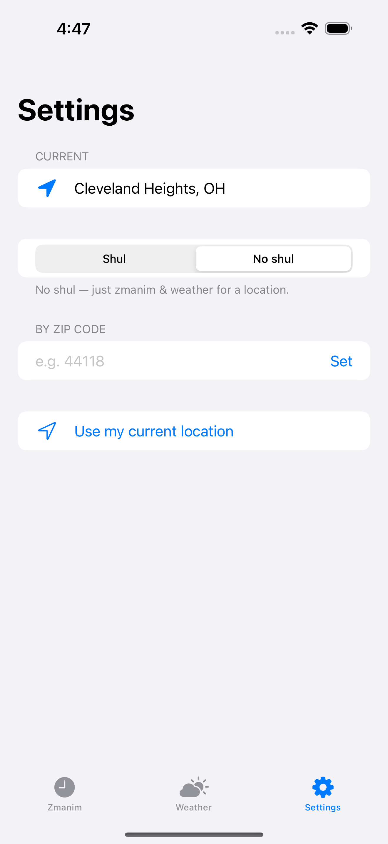 Settings · No-Shul location · light