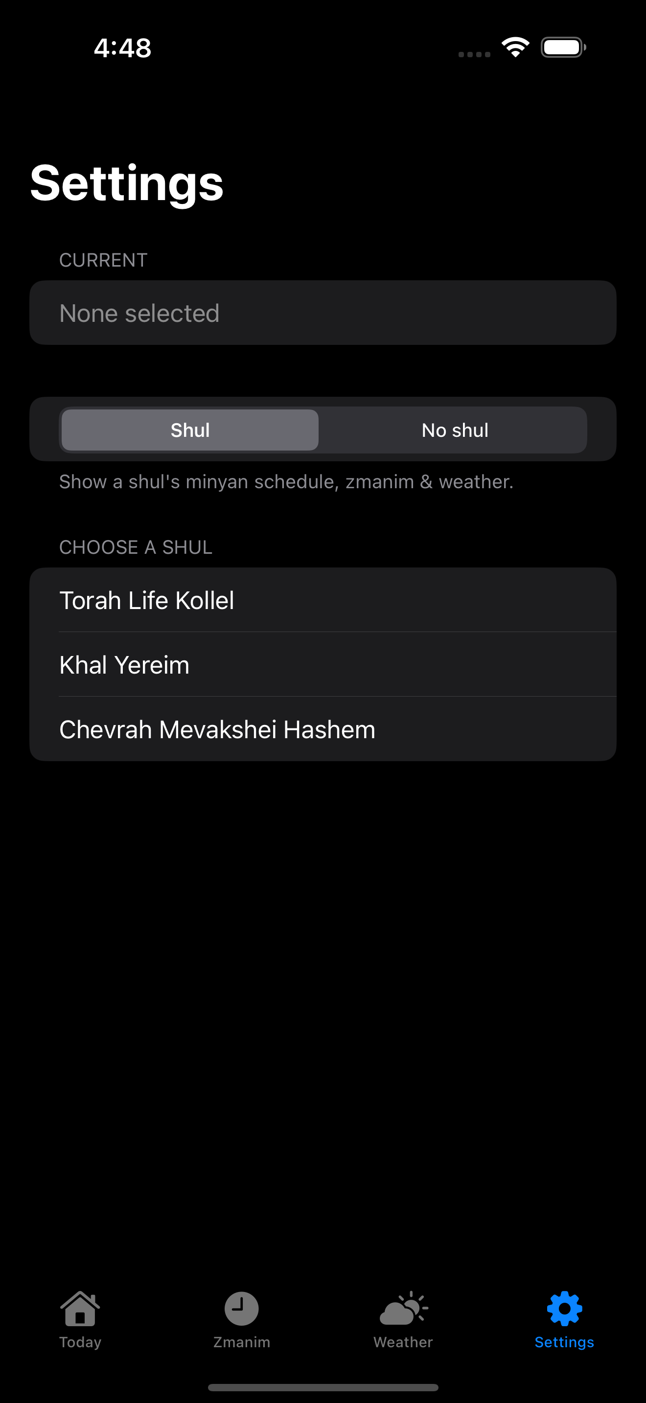 Settings · No shul · dark