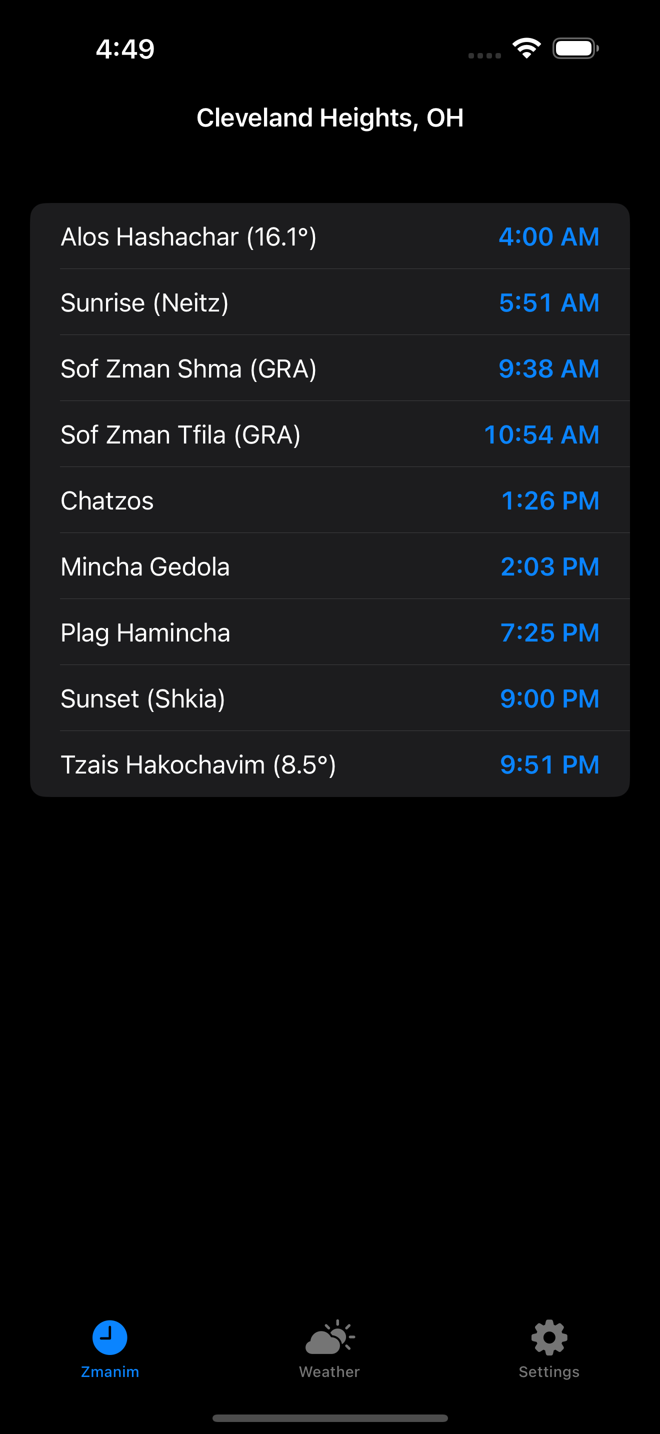 Zmanim · No-Shul location · dark