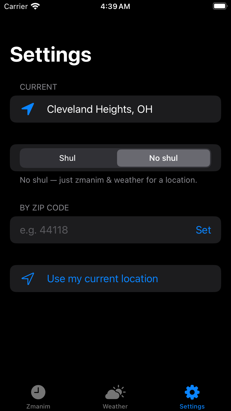Settings · No-Shul location · dark