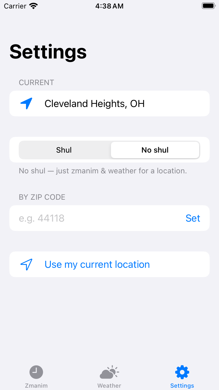 Settings · No-Shul location · light