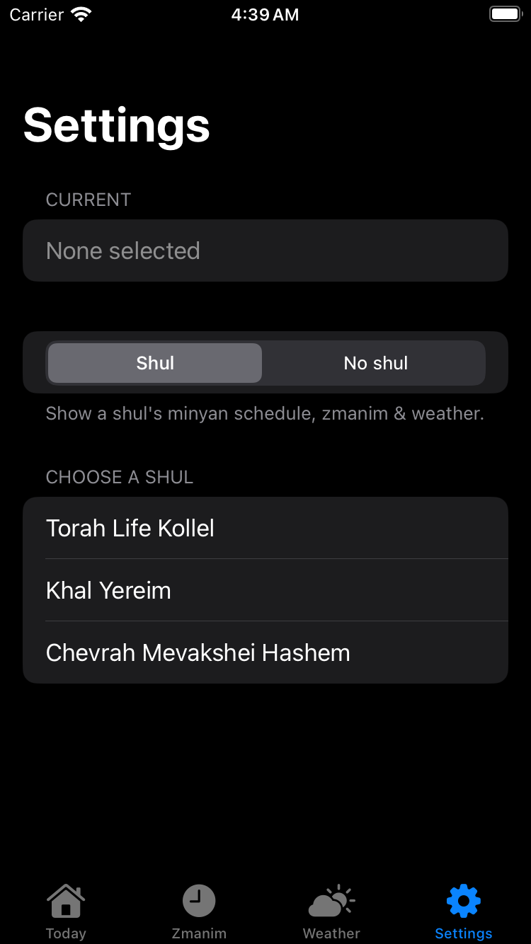 Settings · No shul · dark