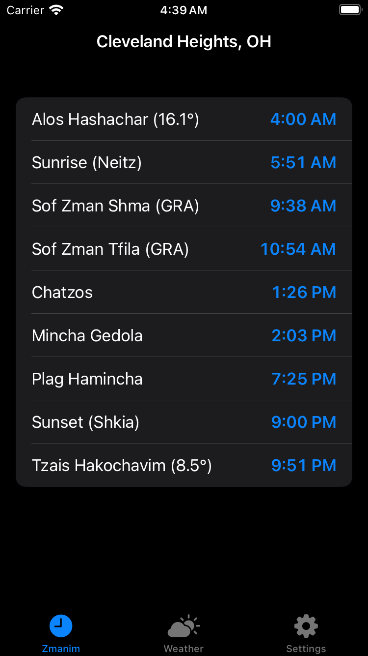 Zmanim · No-Shul location · dark